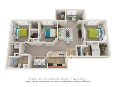 Floor plan for 3 beds, 2 baths, 1422 sqft